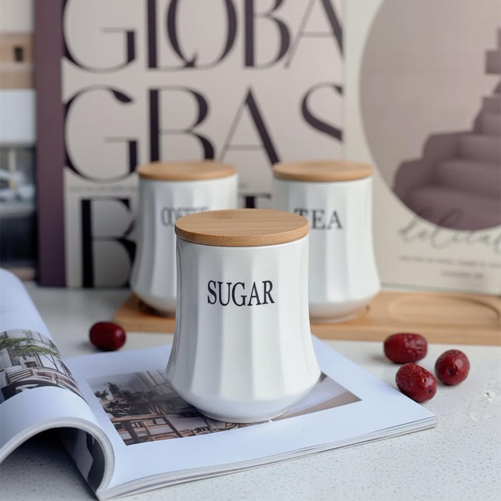 Ceramic Tea Coffee Sugar Canister Set with Bamboo Stand