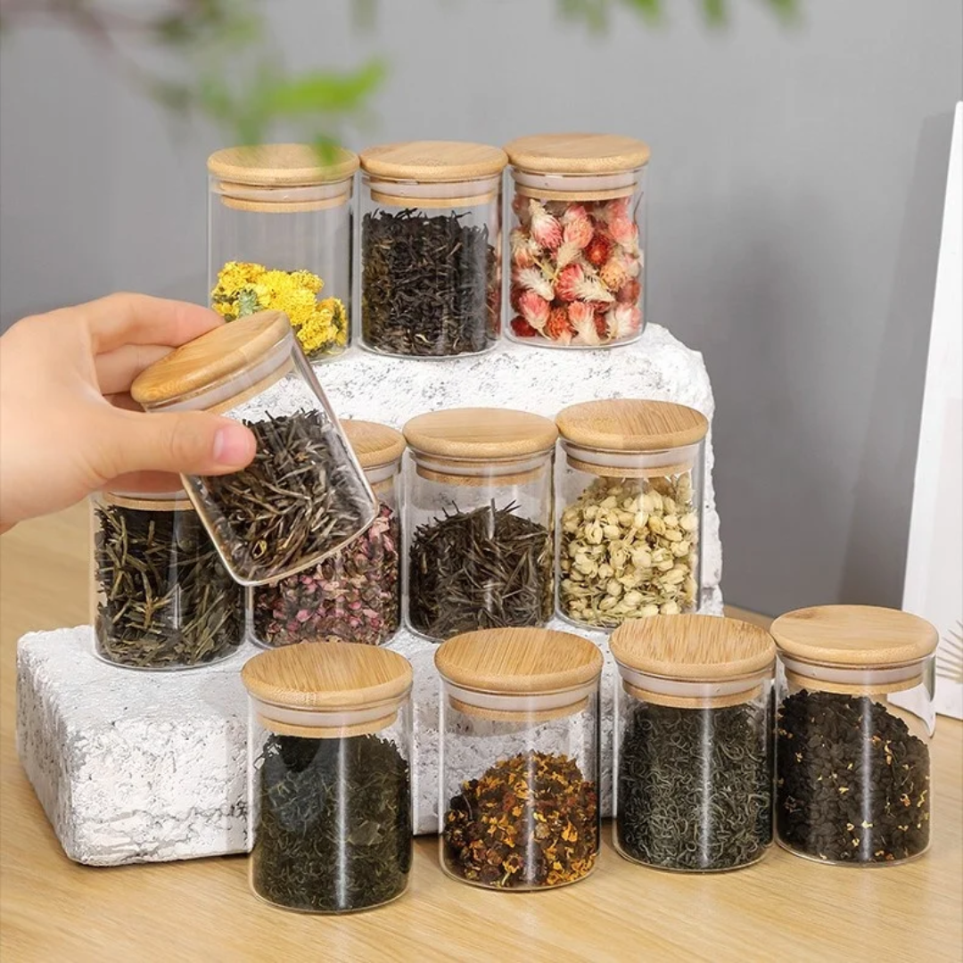 12Pc Glass Spice Jar Set with Bamboo Lids