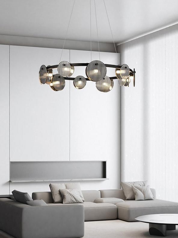 Black glass pendant light with smoky shade and 80cm diameter for living room or dining area use