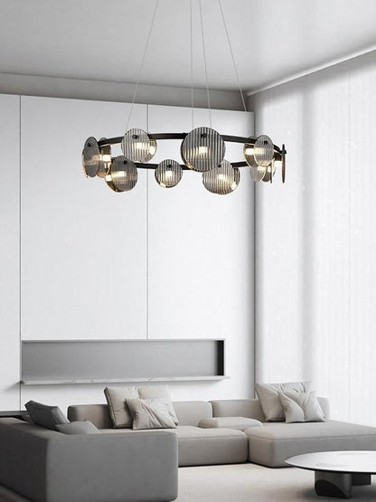 Black glass pendant light with smoky shade and 80cm diameter for living room or dining area use