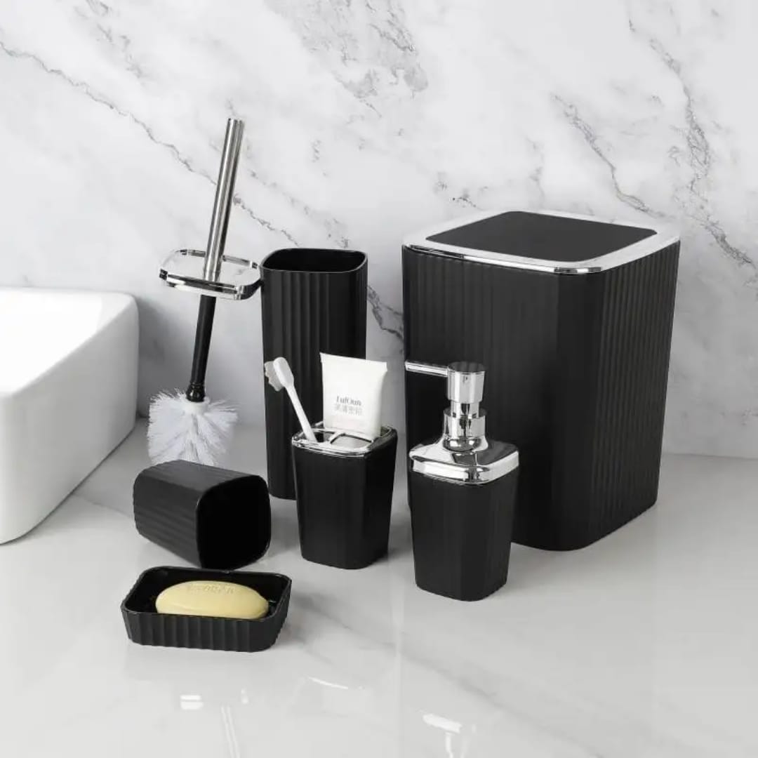 6pcs bathroom accessories set including bin, soap dispenser, toothbrush holder, and toilet brush organizer. 