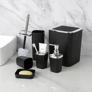 6pcs bathroom accessories set including bin, soap dispenser, toothbrush holder, and toilet brush organizer. 