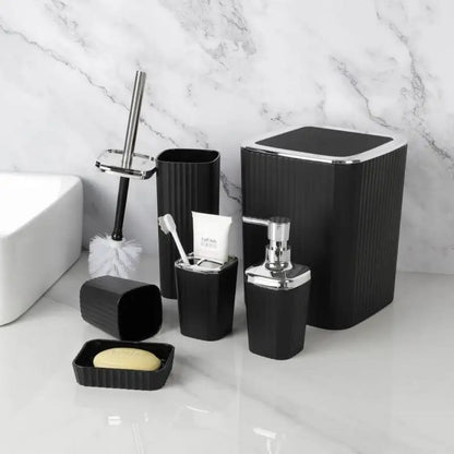 6pcs bathroom accessories set including bin, soap dispenser, toothbrush holder, and toilet brush organizer. 