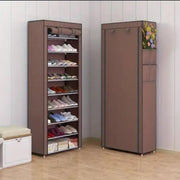 10-tier dustproof steel shoe rack organizer with fabric cover holding up to 27 pairs of shoes