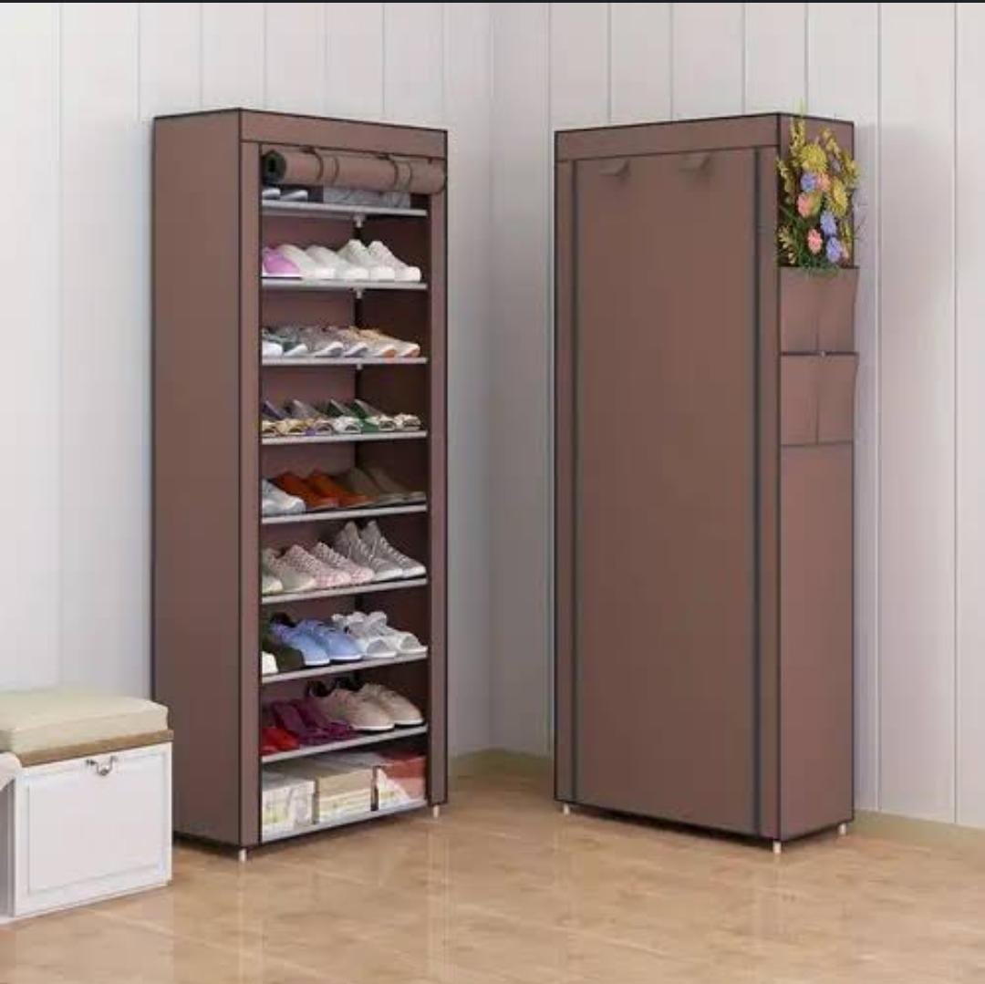 10-tier dustproof steel shoe rack organizer with fabric cover holding up to 27 pairs of shoes
