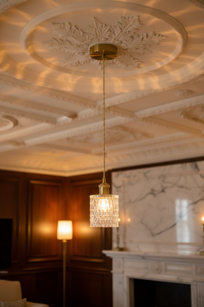 Brass finish crystal glass pendant light with E27 holder and adjustable hanging design for elegant interior lighting