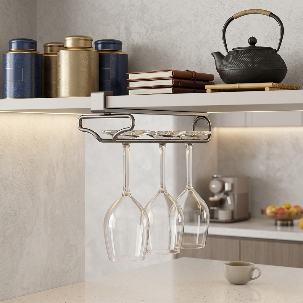 Under cabinet single wine glass holder for 3 to 4 glasses space saving kitchen organizer