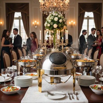 Elegant chafing dish with gold stands for buffet serving