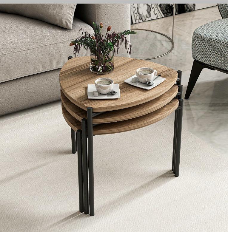 3-Piece triangular nesting coffee table set with space-saving design