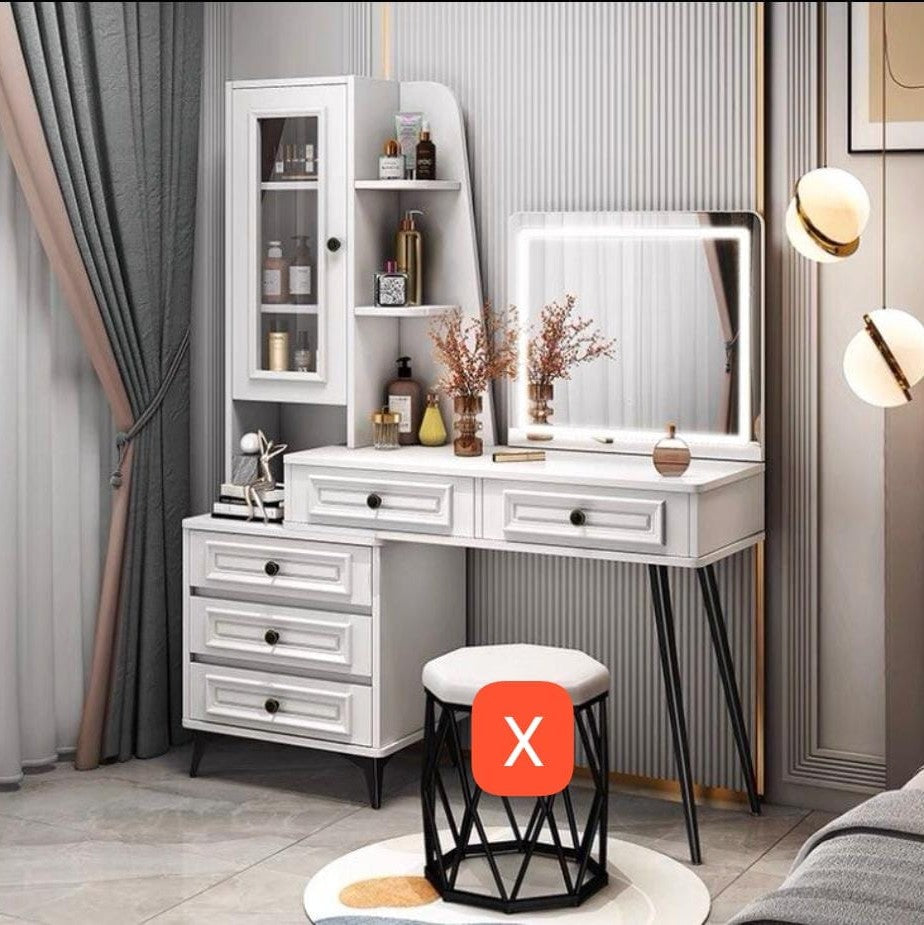 Simple bedroom dressing table with mirror and side storage cabinet for makeup, skincare, accessories, and daily grooming.