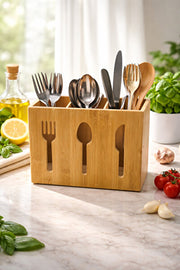 3-Slot bamboo cutlery organizer box for kitchen utensils