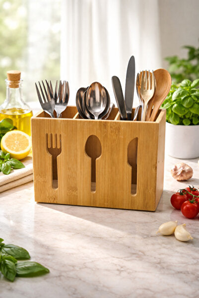 3-Slot bamboo cutlery organizer box for kitchen utensils