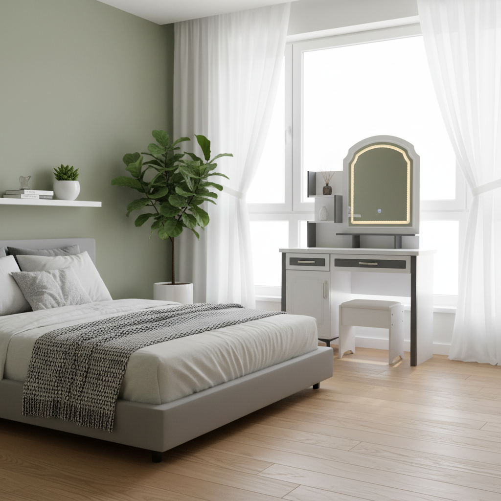 Vanity Dressing Table With Mirror, Storage Cabinet And Stool