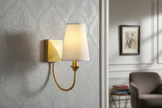 Golden and white fabric wall lamp with iron frame, elegant E14 indoor decorative lighting fixture