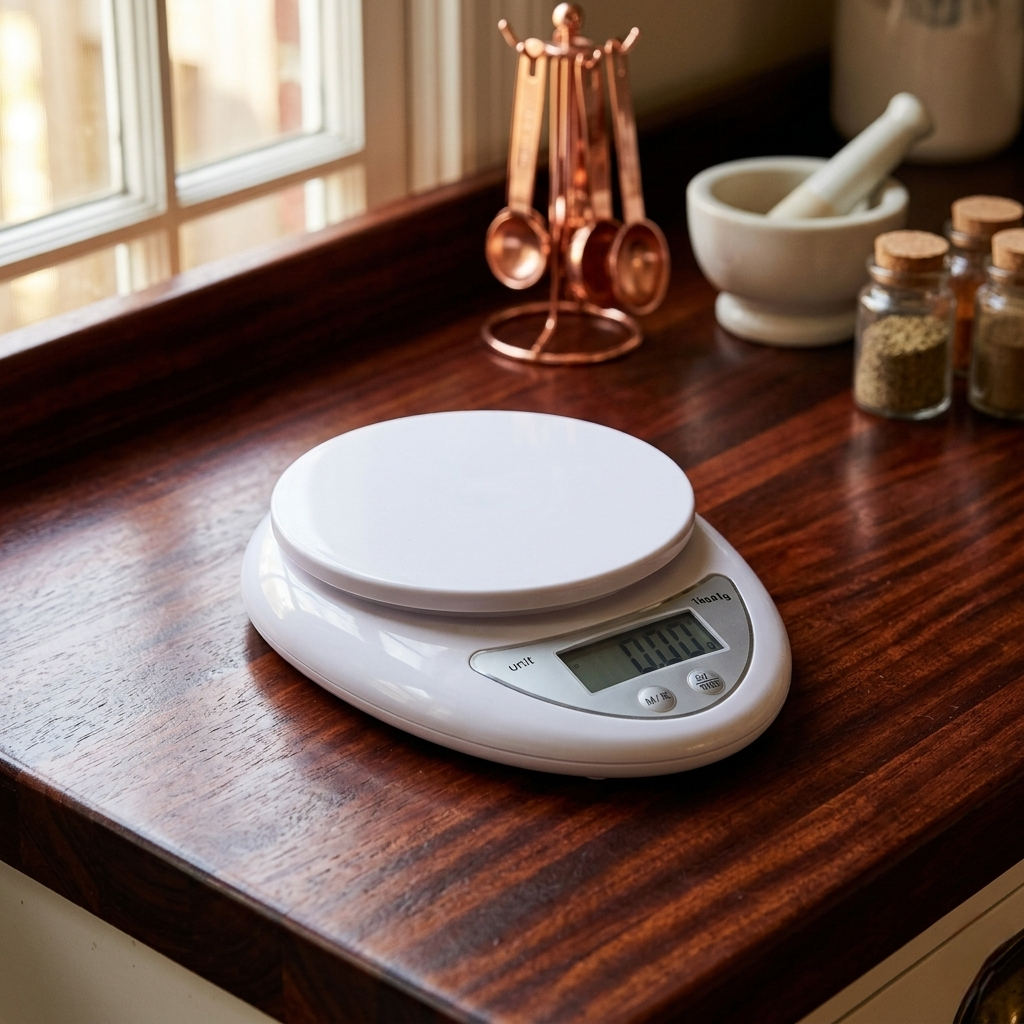 Digital kitchen weighing scale with high precision sensor and 5kg capacity for accurate household measurements