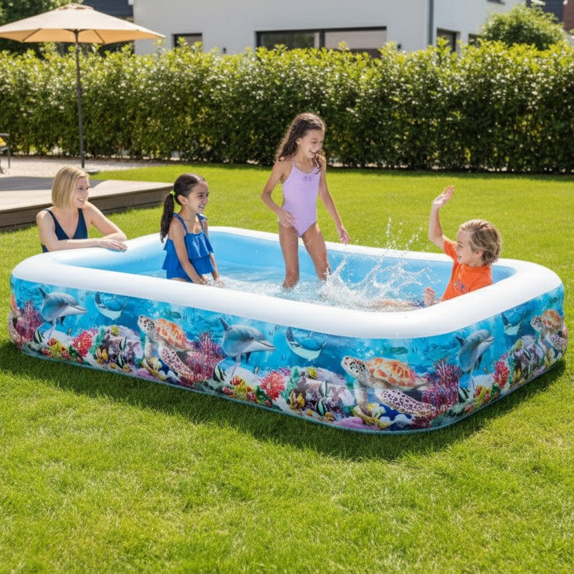 Flowered inflatable kids pool for backyard fun