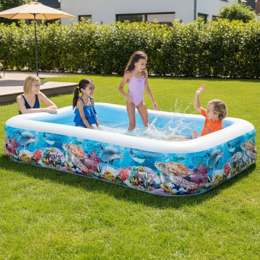 Flowered inflatable kids pool for backyard fun