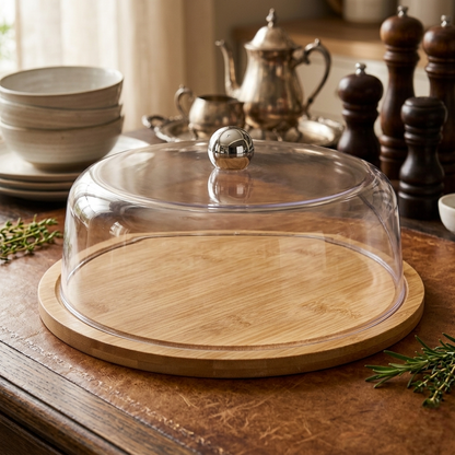 Round bamboo food tray with clear acrylic lid for cakes and snacks