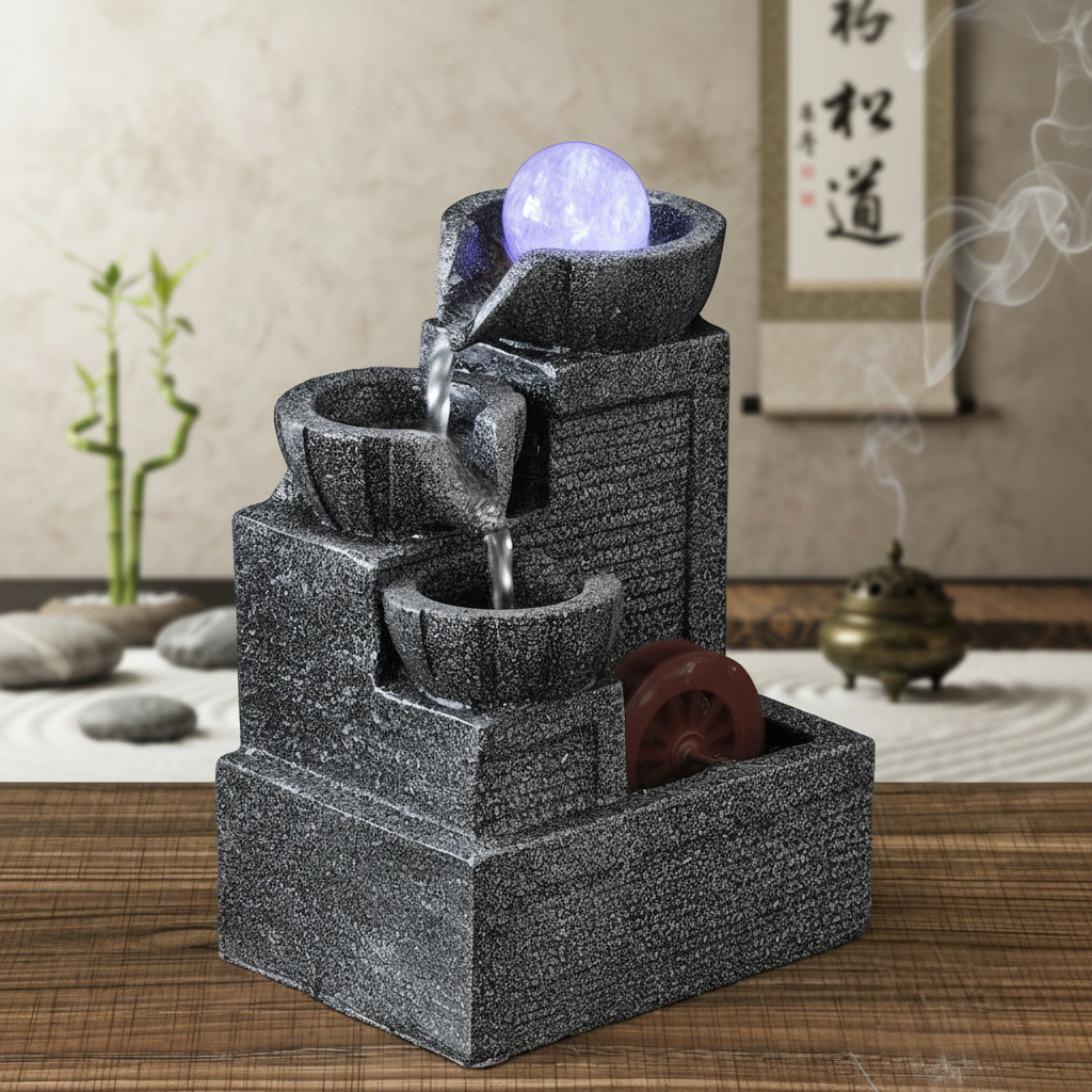 Three tier indoor tabletop waterfall fountain with LED lighting and rockery design