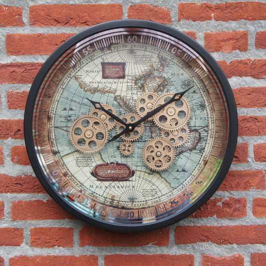 Ancient antique style wall clock with visible real moving gears and vintage design