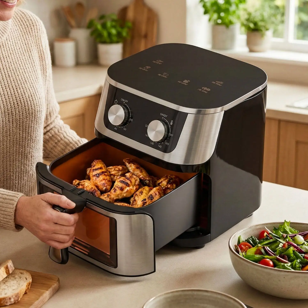 10 litre 1400 W air fryer with 360° Rapid Air Technology, cooking presets, adjustable controls, and large capacity for family meals.