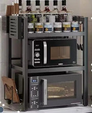 Double layer adjustable microwave stand made from carbon steel with a scratch-resistant and rust-resistant black finish.
