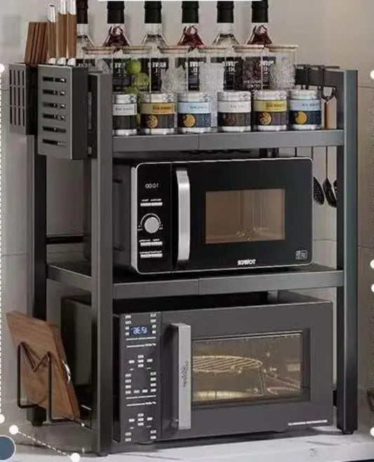 Double layer adjustable microwave stand made from carbon steel with a scratch-resistant and rust-resistant black finish.