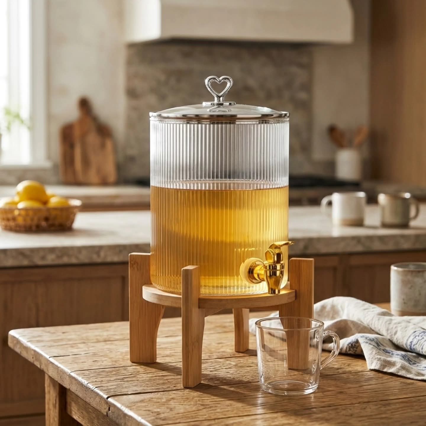 3.6 Litres ribbed glass juice dispenser with bamboo stand for stylish beverage serving