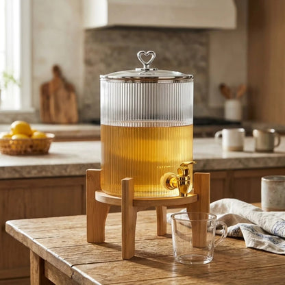 3.6 Litres ribbed glass juice dispenser with bamboo stand for stylish beverage serving