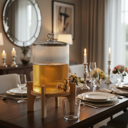 3.6L Ribbed Glass Juice Dispenser With Bamboo Stand