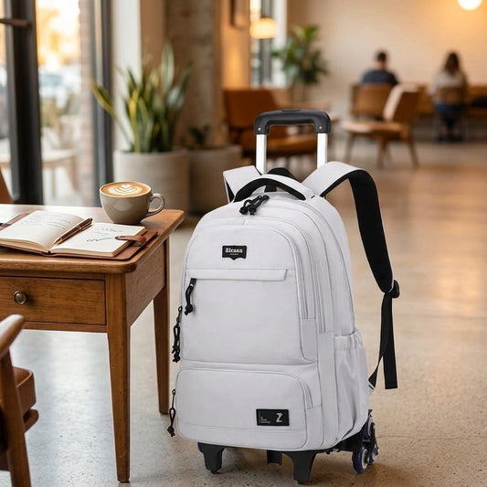 Rolling trolley school bag with waterproof material and wheels for students, size 43x23x34cm.