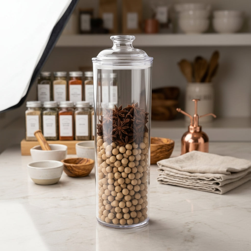 Clear acrylic airtight spaghetti and cereal storage container for organized kitchen pantry storage