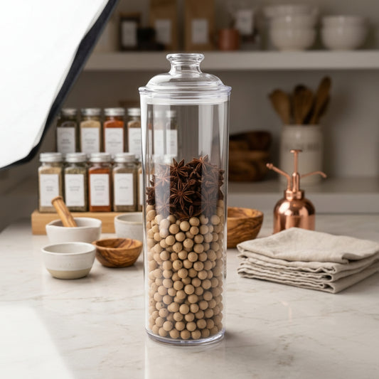 Clear acrylic airtight spaghetti and cereal storage container for organized kitchen pantry storage