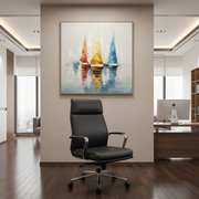 Framed sea-inspired oil painting featuring ocean waves and sailboats with textured detailing for modern coastal and contemporary interiors.
