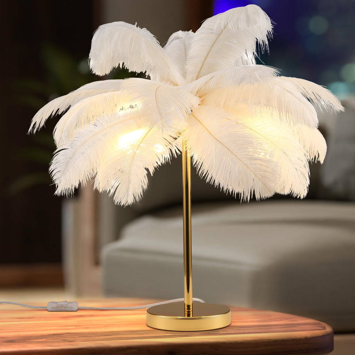 Bedside LED White Feather Table Lamp