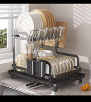 2-tier dish drying rack with drainboard and holders, kitchen countertop organizer for plates, cups, and utensils.