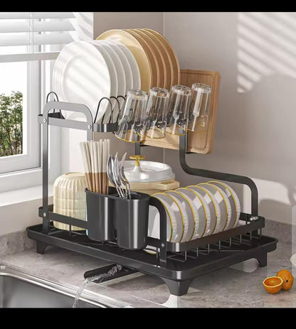 2-tier dish drying rack with drainboard and holders, kitchen countertop organizer for plates, cups, and utensils.
