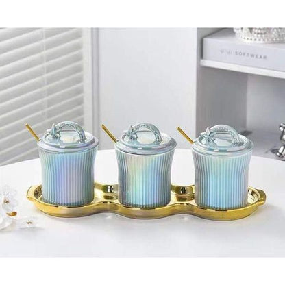 3-Piece Ceramic Spice & Condiment Jars With Gold Tray
