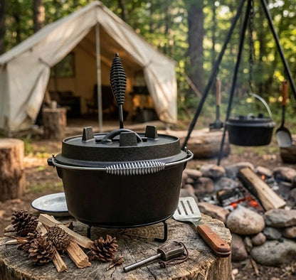 7L preseasoned Dutch oven by Gusskönig with flippable lid, lid lifter, and pot stand, suitable for roasting, baking, and grilling.
