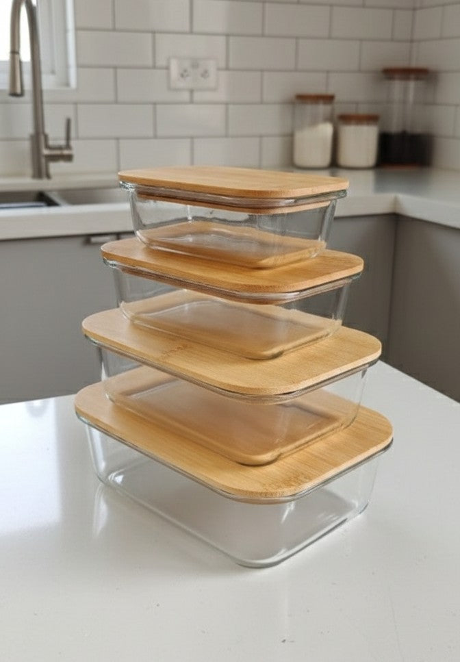 4Pc Glass Food Storage Containers with Bamboo Lids