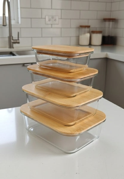 4Pc Glass Food Storage Containers with Bamboo Lids