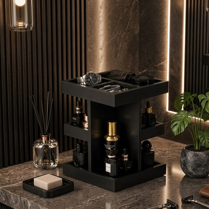 3 tier rotating wooden organizer in matte black finish for makeup, perfumes, and accessories storage. 💄