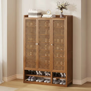10 tier bamboo shoe cabinet with slatted doors and open shelves, eco-friendly shoe storage organizer for home use. 