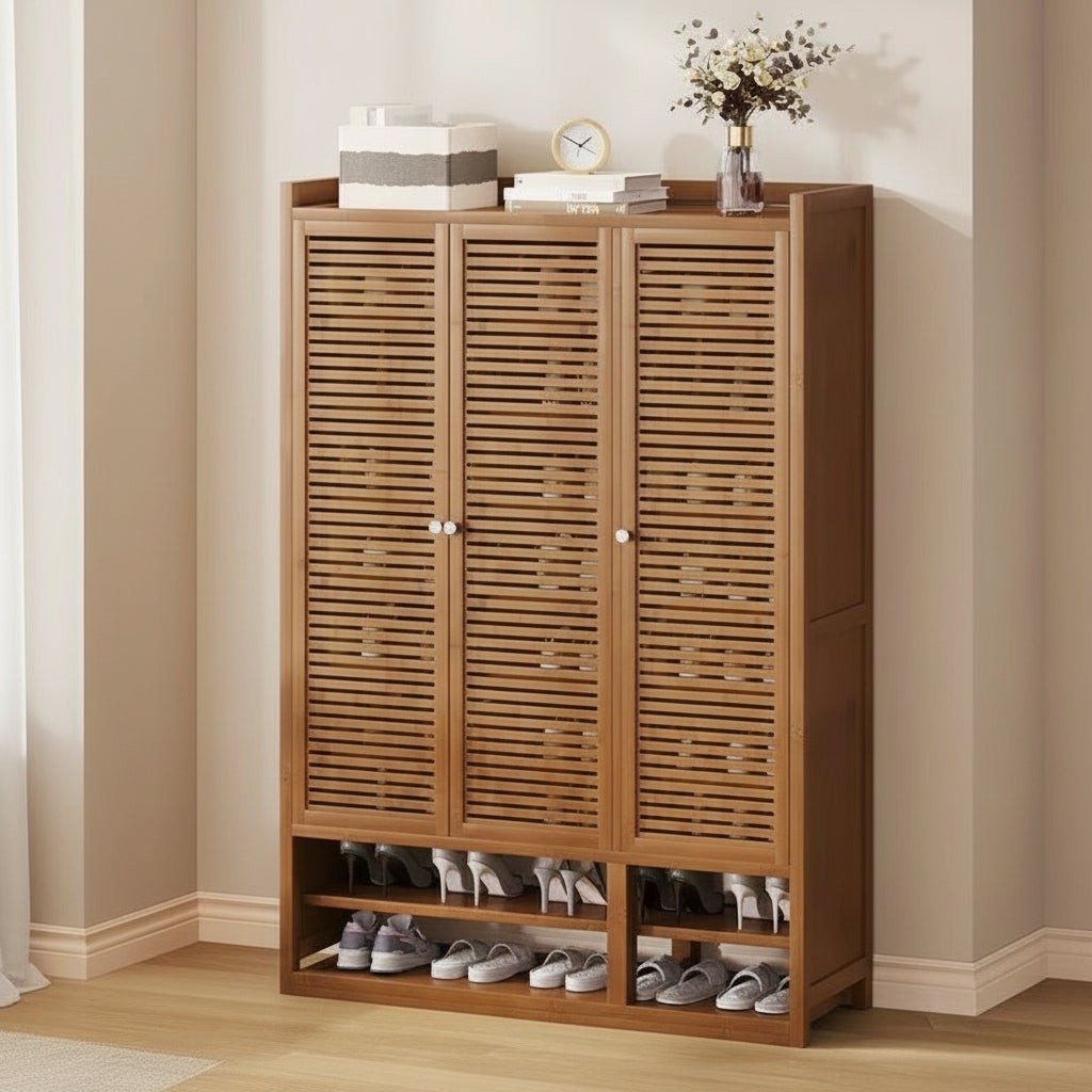 10 tier bamboo shoe cabinet with slatted doors and open shelves, eco-friendly shoe storage organizer for home use. 