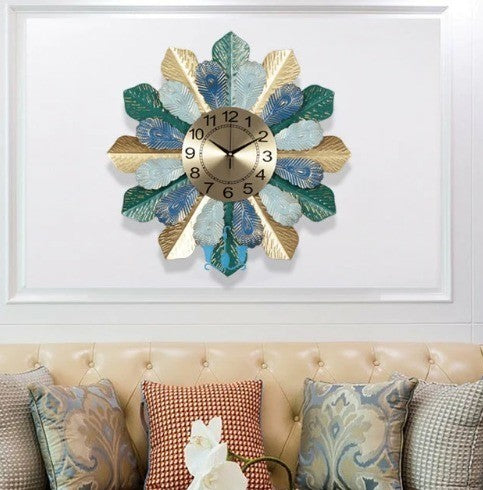 AK Brass large leaf wall clock with Nordic design, multicolor flower-inspired leaf patterns, and quartz movement