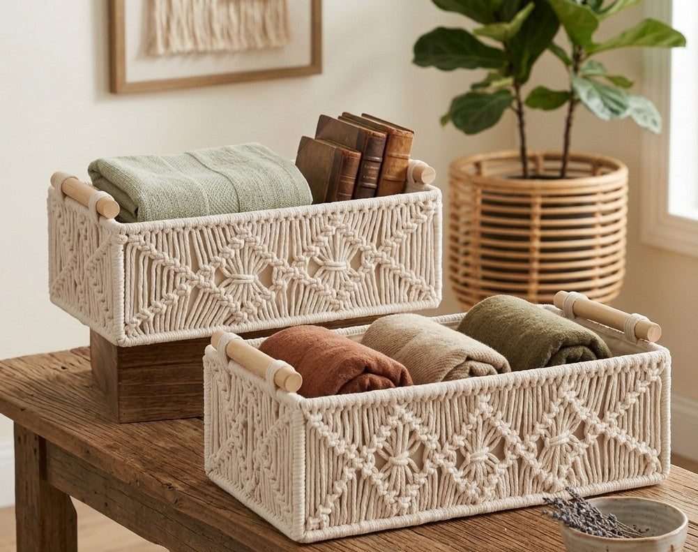 Handmade woven basket in two sizes, aesthetic storage organizer for home décor and everyday use.