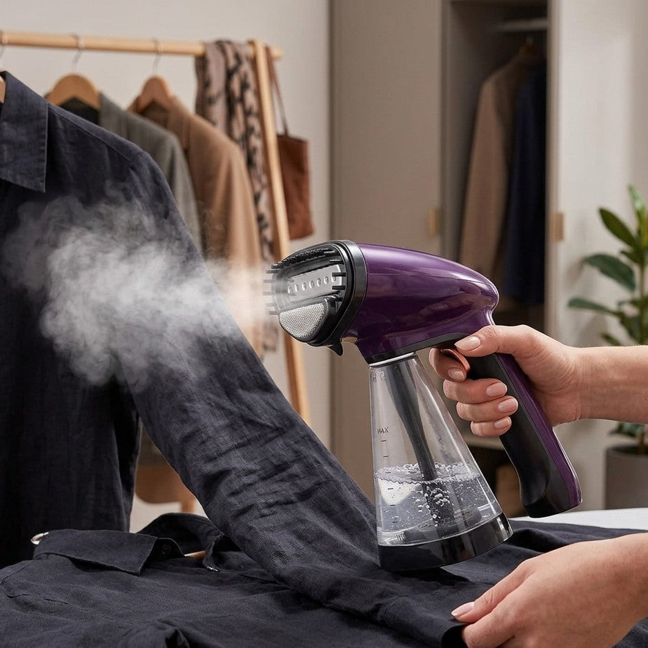 Portable 1300W hand held garment steamer with 330ml water tank for wrinkle removal. 