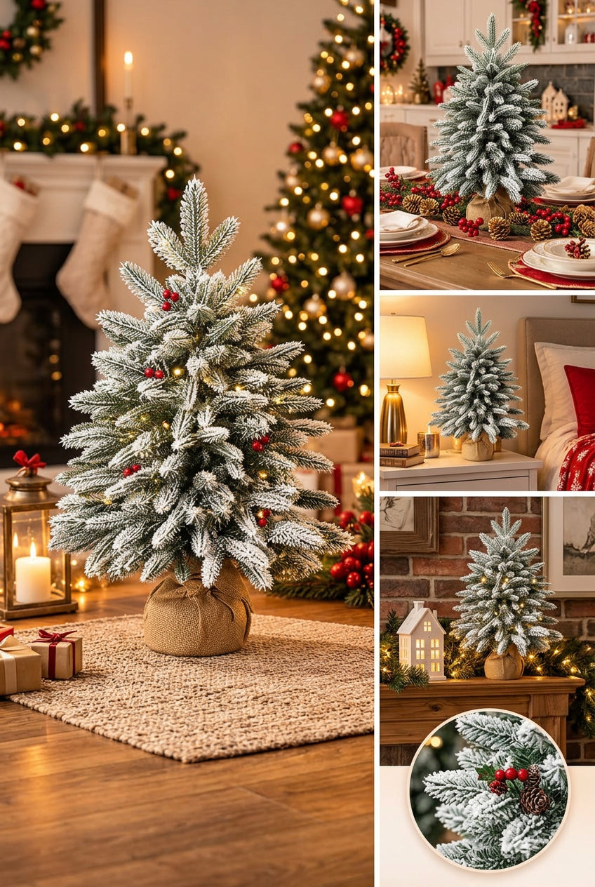 60cm Snow Dusted Artificial Christmas Trees with Wooden Bases