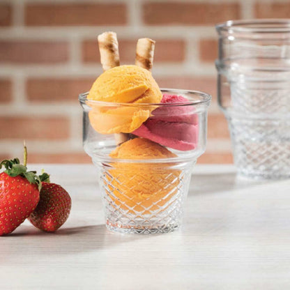 Three Pasabahce Minicornet 450 ml glass ice cream cups without sharp edges.