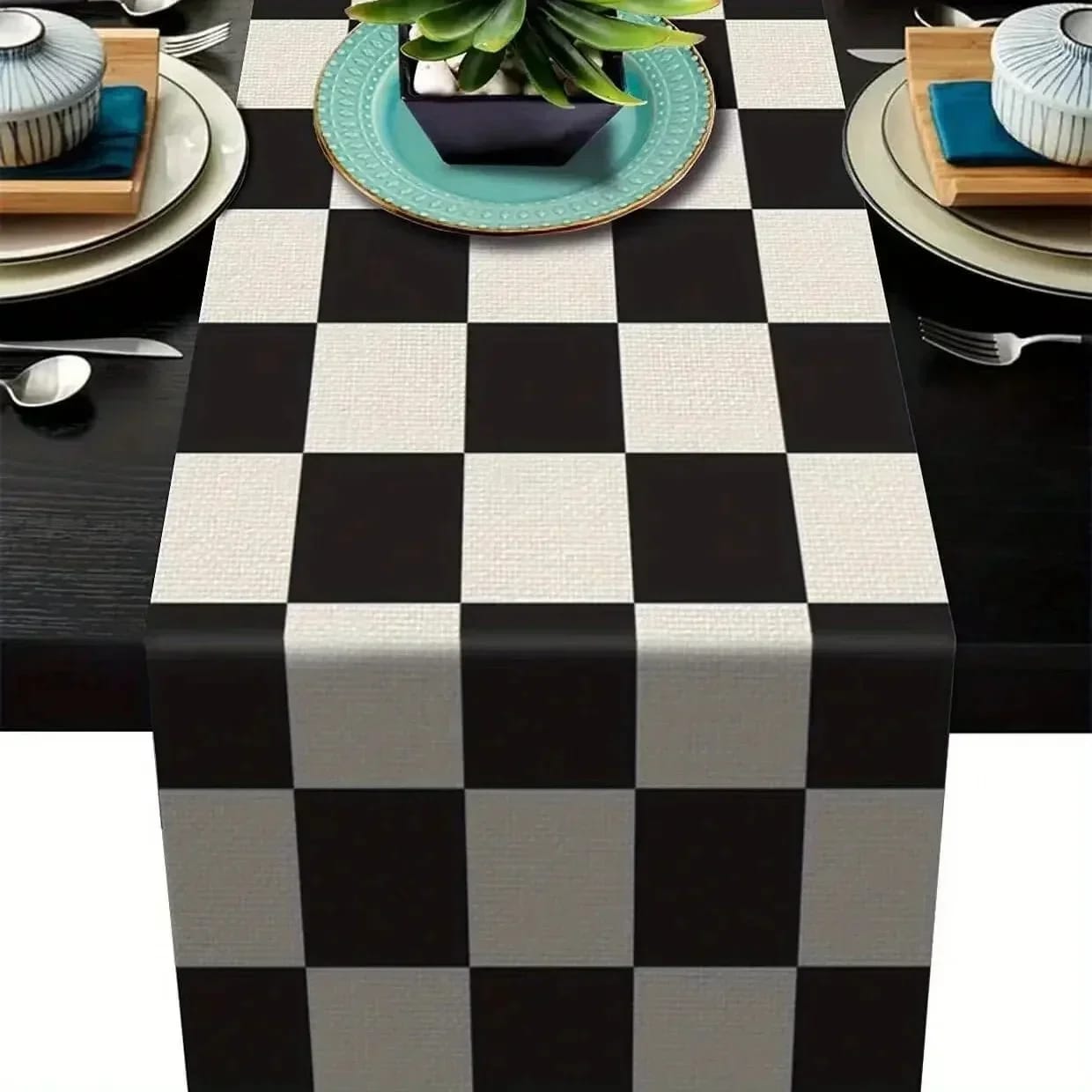 Geometric Stripe Linen Table Runner – Black and White